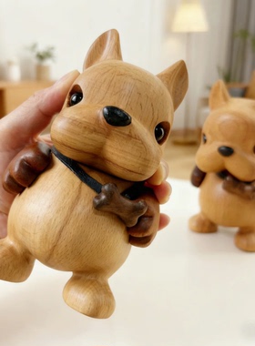 创意家居摆件法斗恶霸犬可爱用品桌面摆件办公装饰品实木狗狗公仔