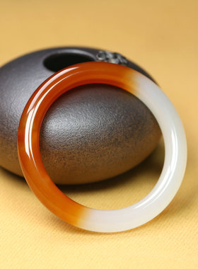 纯天然玛瑙半红飘花粗圆条手镯女