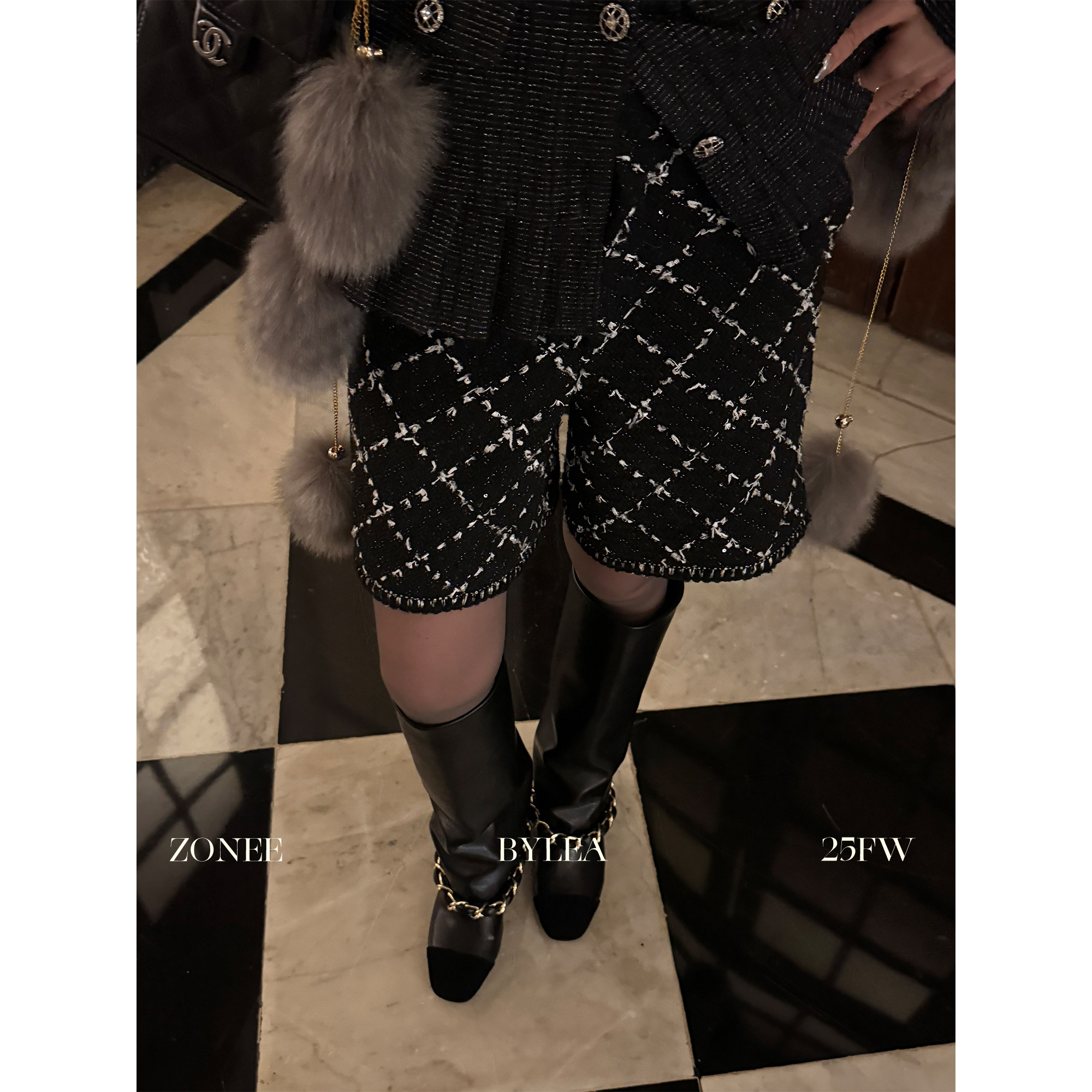 ZONEE/LEA宋亦雯 行走的人间小香 法式设计感菱格小香休闲短裤女,淘宝优惠券,粉丝福利购,淘宝优惠卷