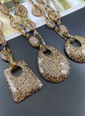 复古豹纹几何吊坠项链小众设计感四季长款毛衣链时尚树脂配饰