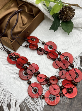 天然圆片简约彩木珠复古民族风长款项链椰壳棉麻毛衣链百搭配饰女