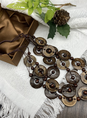 天然圆片民族风长款棉麻毛衣链