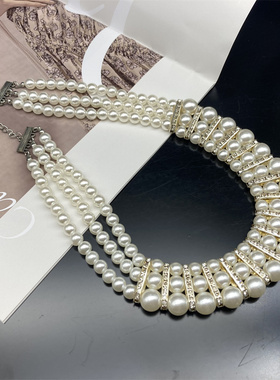 欧美复古轻奢仿珍珠多层项链耳环套装 法式新娘项坠女necklaces