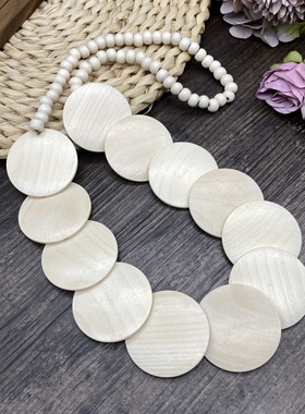 棉麻风百搭彩色木项链波西米亚民族风圆片夸张长项饰沙滩度假配饰