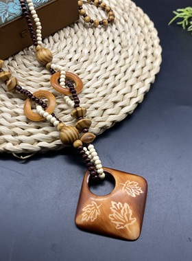 复古民族风长款木质棉麻毛衣链