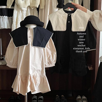 Korean version of childrens clothing dress with dress 2023 Spring and autumn new girl big turns pure color to the bottom and wears a long princess dress