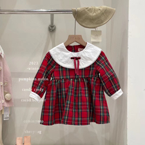 Korean version of children dress dress with dress 2023 girl fall female baby retro red plaid child doll collar princess dress