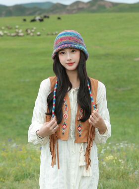 出游民族风女秋冬无檐扎染帽子