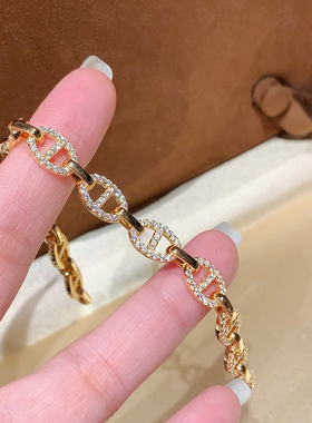 超钻猪鼻子925银镀玫瑰金手链