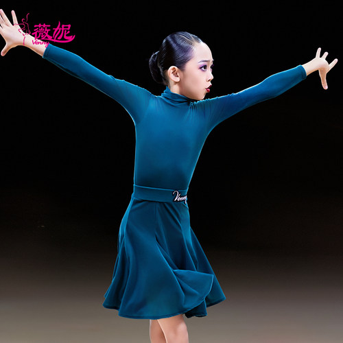 薇妮拉丁舞服女童比赛规定服新款2024无鱼骨裙国标舞裙少儿考级服 - 图1