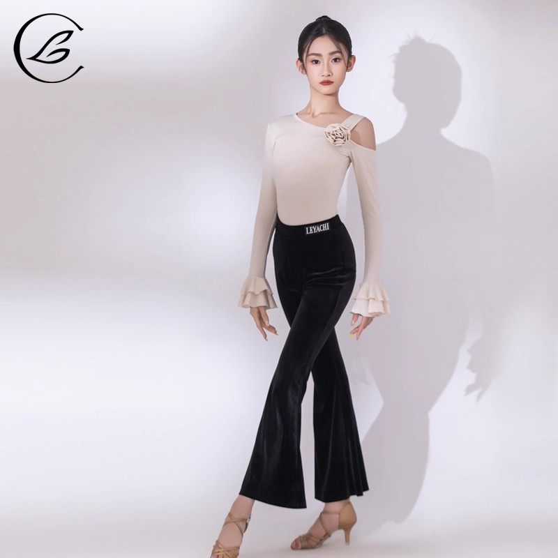 乐雅池拉丁舞服2025秋冬新款长袖斜肩裤子套装喇叭裤练功服女童,淘宝优惠券,粉丝福利购,淘宝优惠卷