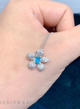 纯银吊坠空托长方形精工满钻花瓣