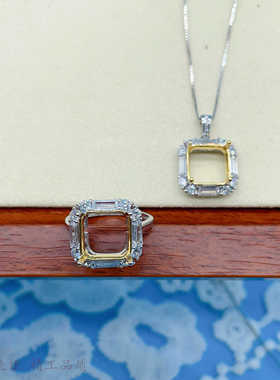 双色吊坠套装裸石托S925纯银