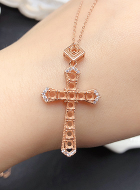 女银饰品群镶十字架吊坠空托