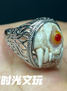 藏银镶嵌骨制恶魔之眼戒指牙尖指环个性男款活口戒指小众文玩