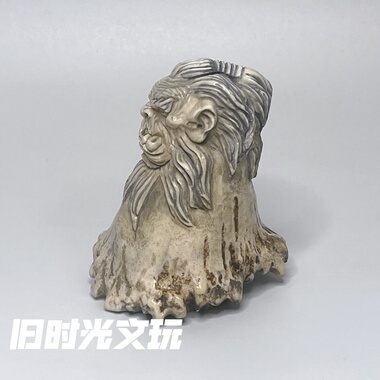 藏传老鹿角根雕刻龙头瓷白把件摆件文玩复古民族风玄关书房摆件