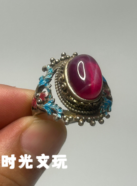 文玩收藏镶嵌红宝石星光宝石戒指复古做旧民族风开口戒指指环
