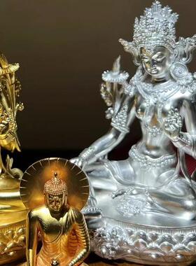 纯银999足银镀金复刻马拉王朝尼泊尔绿度母佛像摆件镶嵌宝石装饰