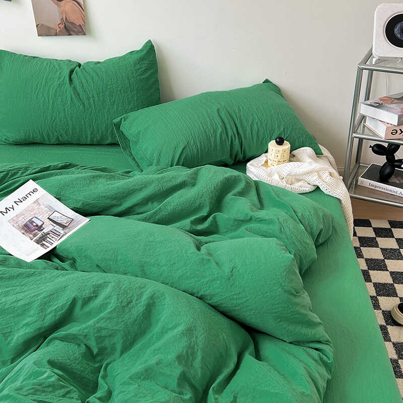 超柔水洗棉绿色ins四件套床单皱皱棉宿舍三件套简约纯色被套亲肤