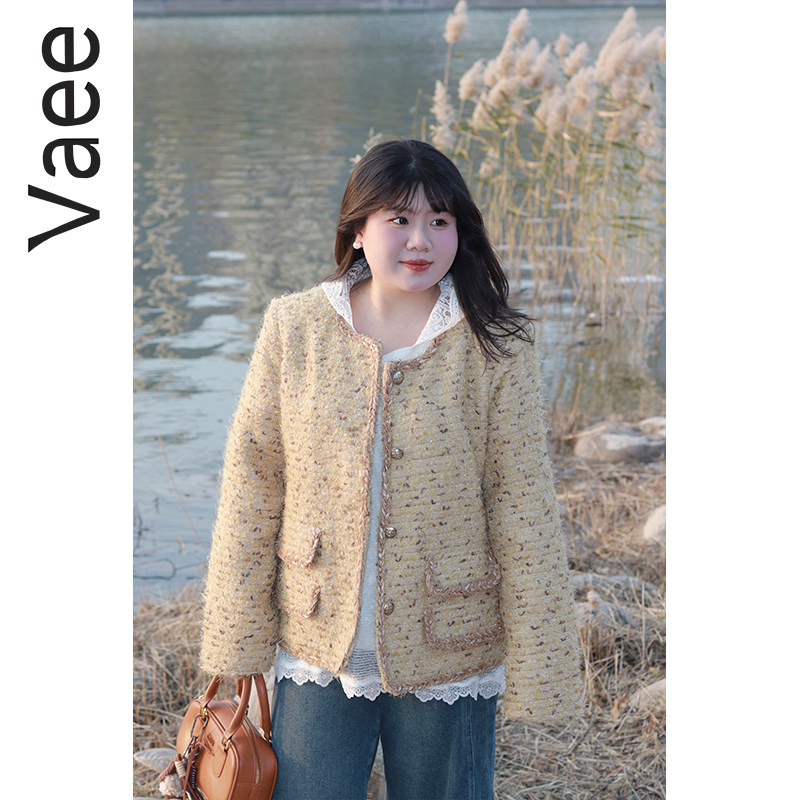 Vaee大码女装气质小香风上衣冬季新款胖mm加厚夹棉毛感毛呢外套,淘宝优惠券,粉丝福利购,淘宝优惠卷
