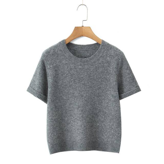 Vaee large size women's French commuting round neck knitted top early spring fat mm temperament versatile short-sleeved sweater T-shirt