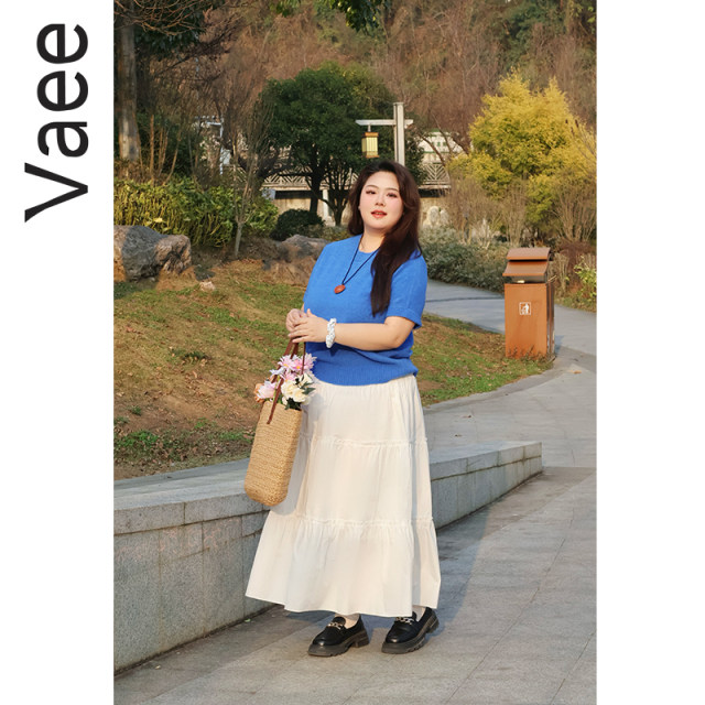 Vaee large size women's French commuting round neck knitted top early spring fat mm temperament versatile short-sleeved sweater T-shirt