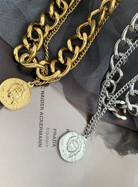 欧美in复古人像夸张粗链项链双层