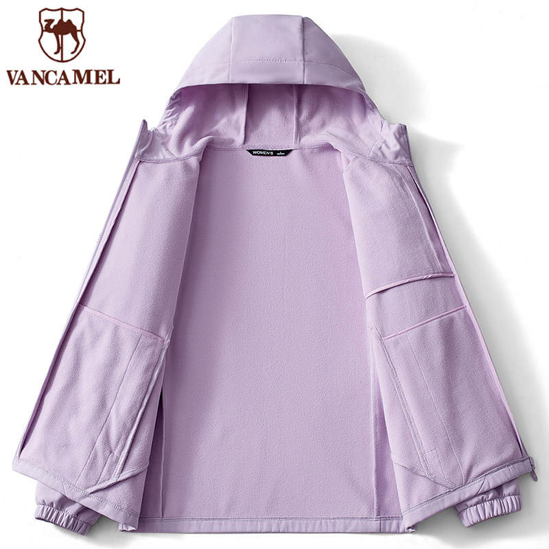 西域骆驼户外软壳衣女秋季防风防泼水加绒连帽徒步夹克外套登山服 - 图3