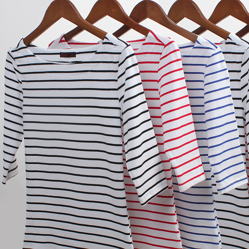 条纹t恤女夏装七分袖一字领打底衫 自蓝红T恤