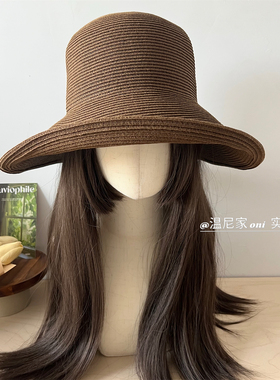 博主同款~日系简约条纹纯色草编大檐渔夫帽女海边度假防晒沙滩帽