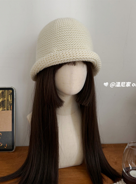 韩代chic~大头围b入羊毛混纺卷边水桶盆帽女显脸小复古毛线渔夫帽