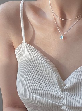 日韩ins双层设计爱心月光石项链女甜美渐变宝石桃心形锁骨链