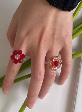 小众纯手工复古串珠水晶花朵戒指可爱编织戒指环泫雅风撞色时尚
