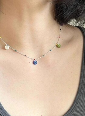 春夏新款叠戴彩色小花朵吊坠锁骨链女款可爱红苹果吊坠项链配饰品