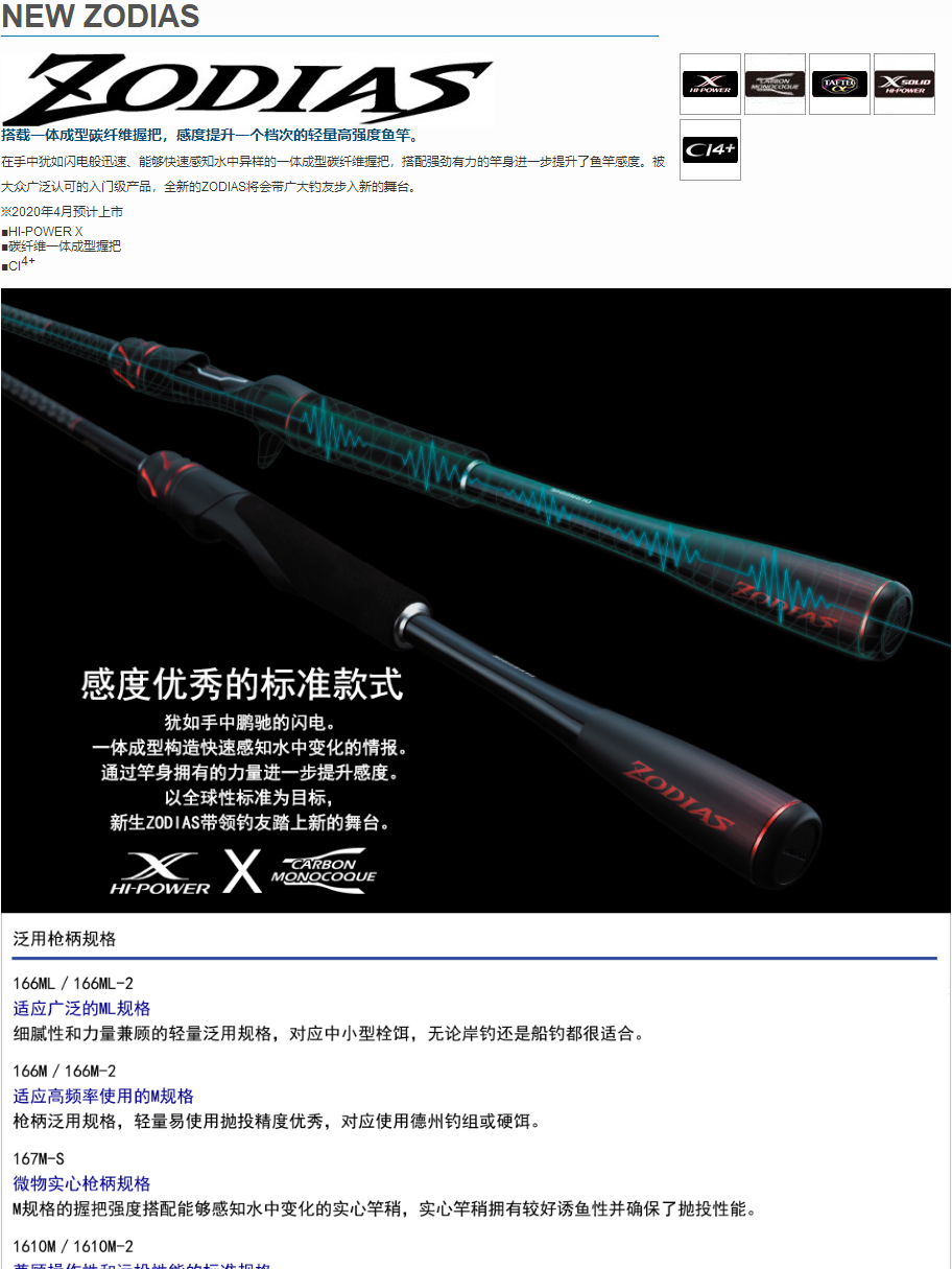 SHIMANO禧玛诺2020款ZODIAS佐大师路亚竿碳素直柄167M166ML配节图片