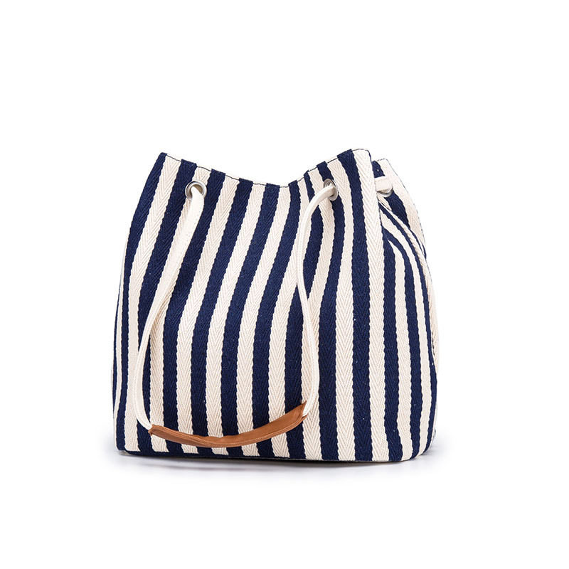 新款帆布条纹斜跨多用包韩版水桶包 小清家便当包店女士包袋