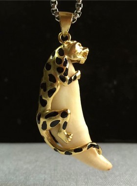 s925银镀银金小动物吊坠花豹狗牙配饰吊坠银套托男士黑狗牙镶嵌