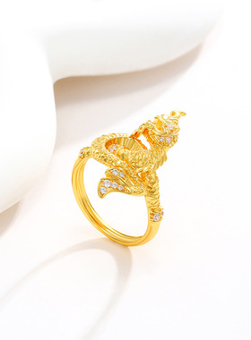奢侈品平替黄铜镀金时尚新潮男士盘龙戒指金色镶锆霸气龙头戒指男