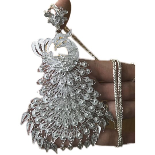 Pure silver large peacock sweater chain