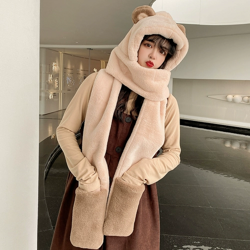 Шапка, зимний шарф, толстовка с капюшоном, зимние удерживающие тепло перчатки, бархатный комплект, с медвежатами, коллекция 2023, 3 предмета