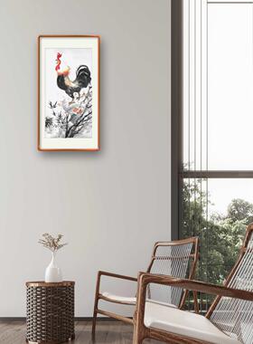 手绘公鸡图雄鸡天下白水墨画齐白石风格画竖幅新中式50x100装饰画