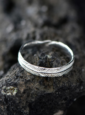 时尚简约925银羽毛戒指百搭