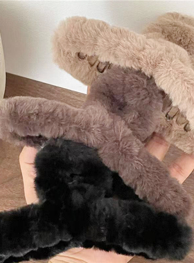 韩国奶咖色系超大毛绒抓夹大号后脑勺简约发夹发抓女秋冬季鲨鱼夹