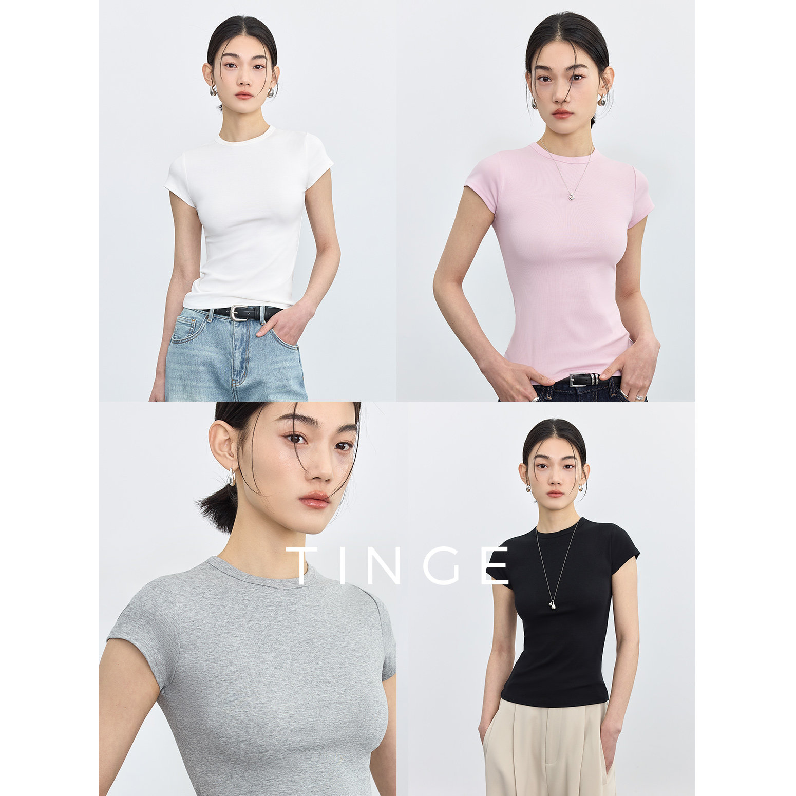 TINGE贴己多巴胺T恤修身显瘦圆领上衣运动短袖正肩女夏季打底内搭