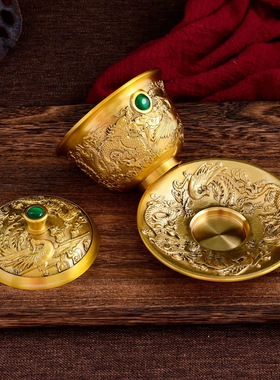 高档铜盖碗茶三件套茶具精品摆件五牛百福龙凤功夫茶碗礼物伴手礼