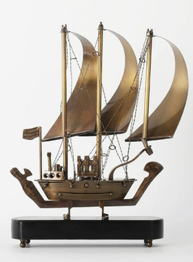 法式美式中古风复古黄铜帆船摆件一帆风顺售楼处电视柜书房装饰品