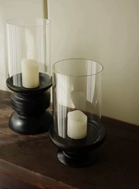 中古风复古实木玻璃罩烛台蜡烛摆件新中式售楼处客厅餐厅桌面饰品