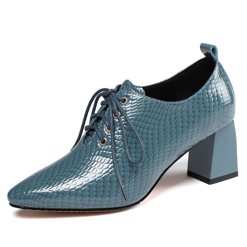 尖头高跟鞋女2025春秋新款真皮深口单鞋前系带欧美粗跟大码女鞋子,淘宝优惠券,粉丝福利购,淘宝优惠卷