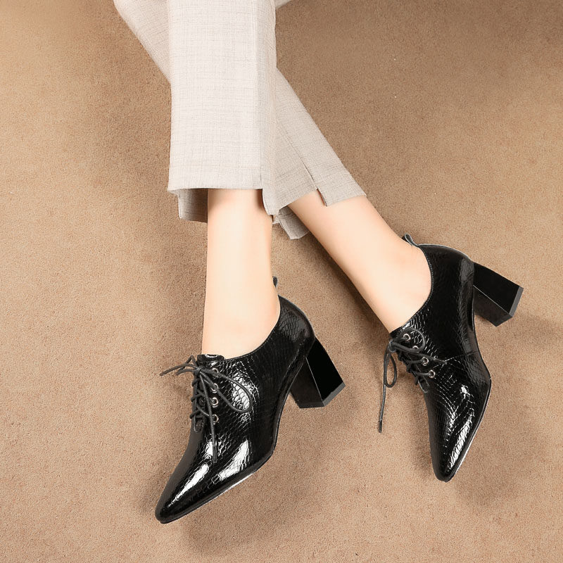尖头高跟鞋女2025春秋新款真皮深口单鞋前系带欧美粗跟大码女鞋子,淘宝优惠券,粉丝福利购,淘宝优惠卷