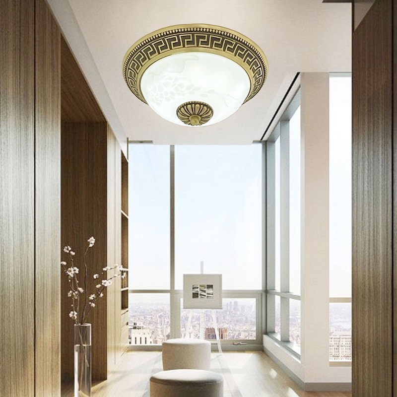 全铜新中式入户吸顶灯浮雕薄胎陶瓷阳台过道走廊灯个性LED3色变光